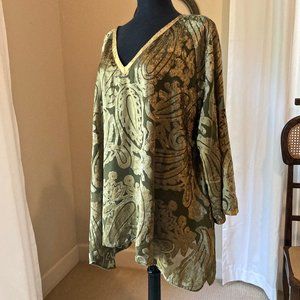 Serrahna Olive Green Chiffon Tunic With Textured Gold Floral Paisley Pattern.